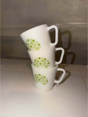 Pyrex Milk Glass Green Honeydew Summer Mugs - set of 3